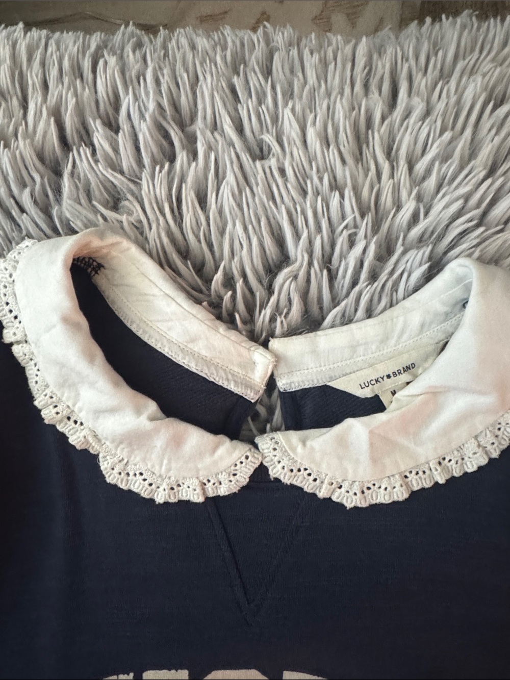 Lucky Brand Navy Crewneck Sweater with White Lace Collar - Picture 2 of 4